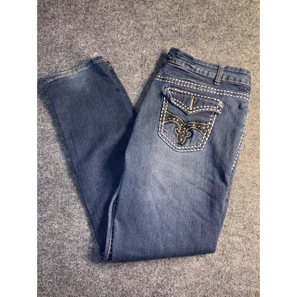 Elite Jeans Women 17/18 Blue Denim Stretch Thick Stitch Flap Pocket Back Studded